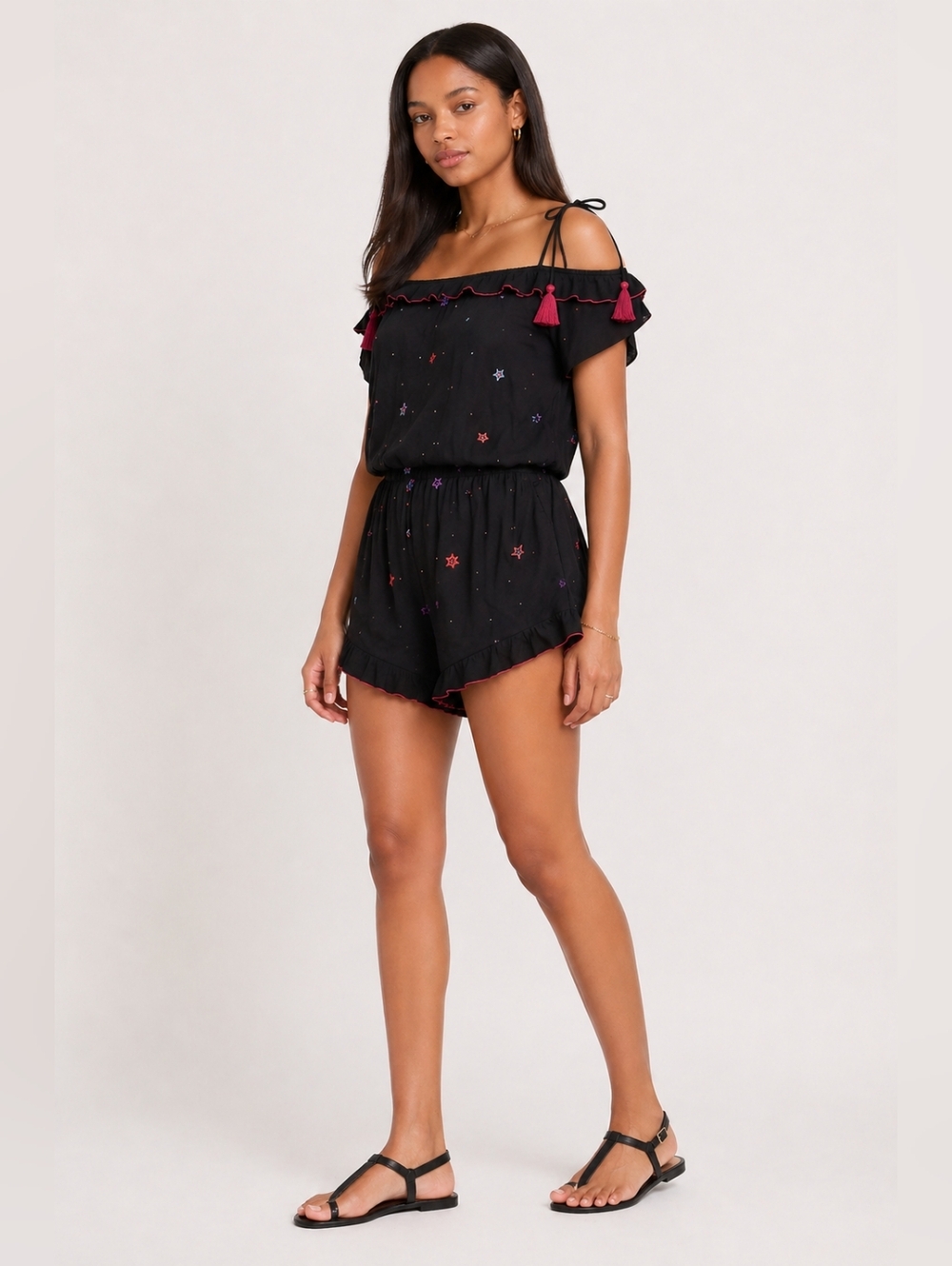 NWT Black Off-Shoulder Print Romper with Tassel Detail Size L - Picture 2 of 3